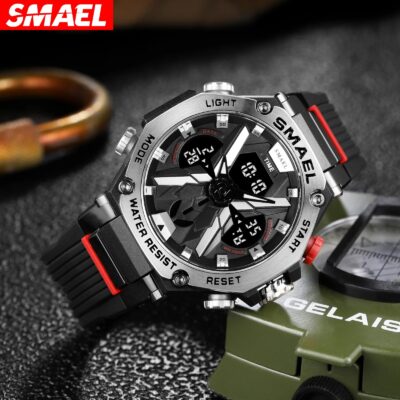 Reloj Deportivo SMAEL 8087 Metalico Doble Horario Plateado